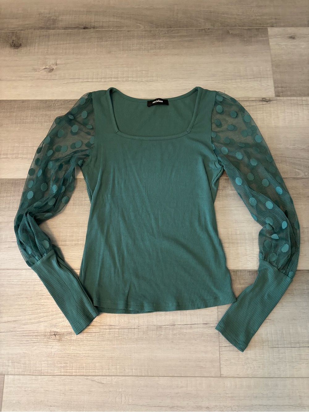 Miduo Green Ribbed Top Sheer Polka Dot Sleeves Square Neck Size L